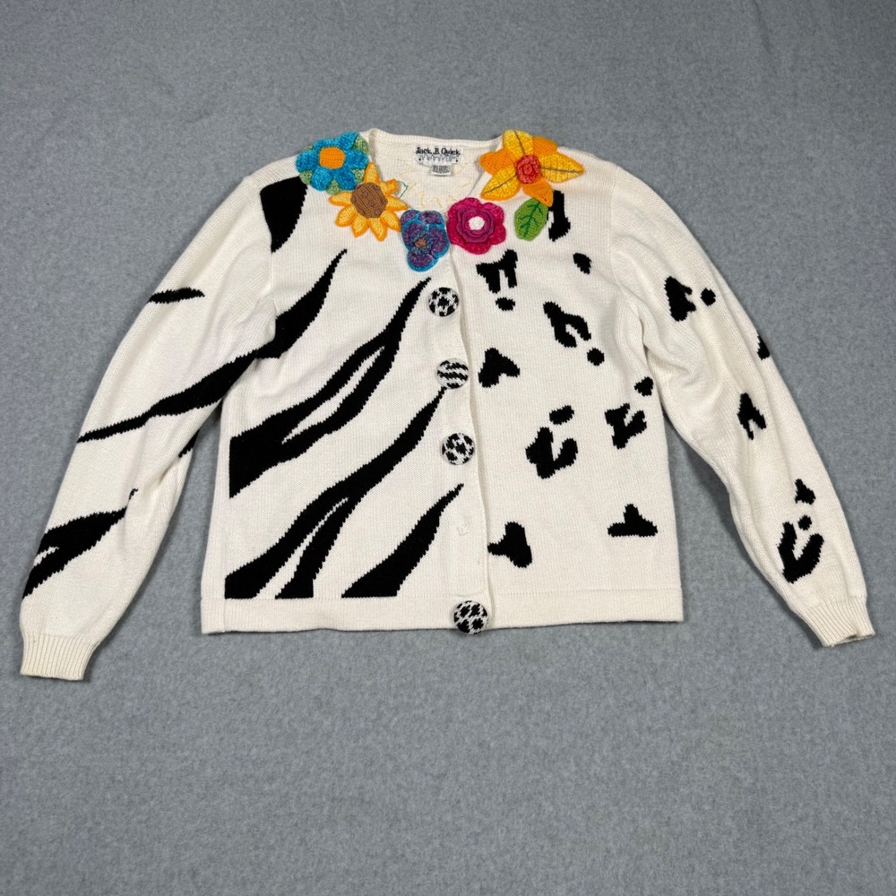 Jack B Quick Vintage 90s Granny Animal Print Floral Crochet Cardigan Sweater L